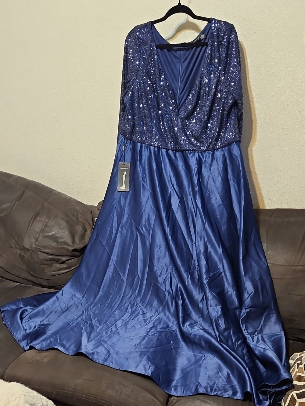 Ever Pretty Navy Blue Sequin Wrap Bodice Long Sleeve Gown